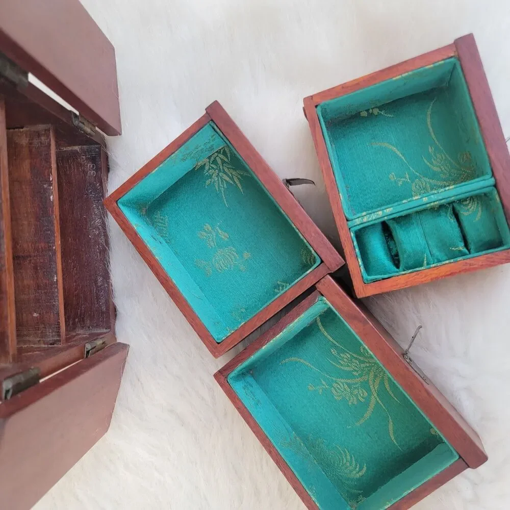 Vintage  Rosewood  Asian wood & brass 3 drawer silk lined Jewelry box
